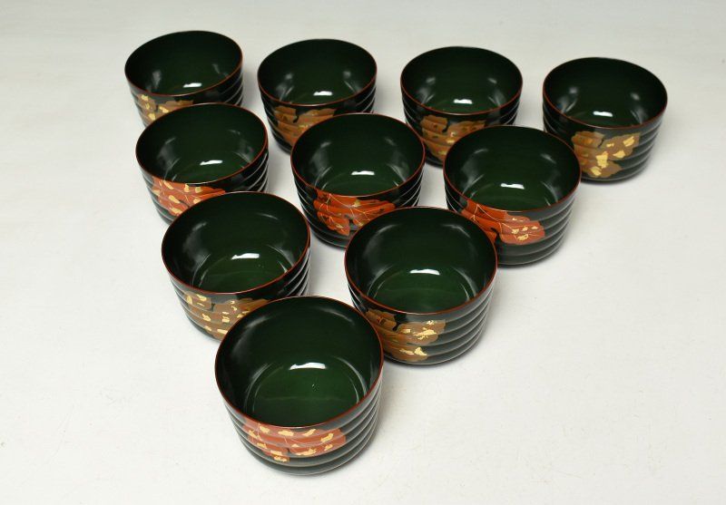 蔵A2800 木製青漆 塗師 津田哲司 哲斎 轆轤目 汁椀 蓋物 十客 共箱