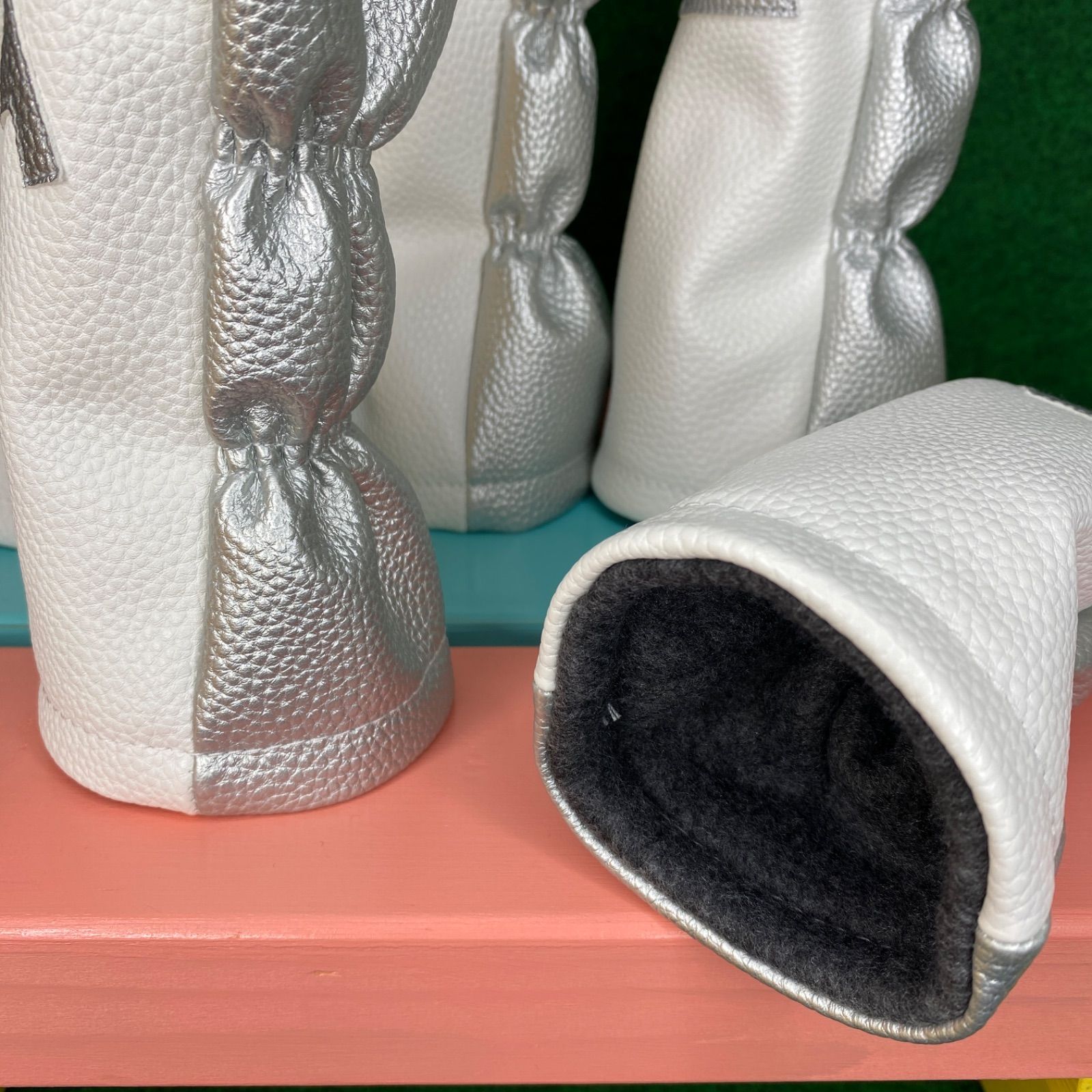 おまけ付 ハンドメイド ホワイト×シルバー×ゴールド-シルバー ゴルフクラブ用ヘッドカバー 【超歓迎された!】