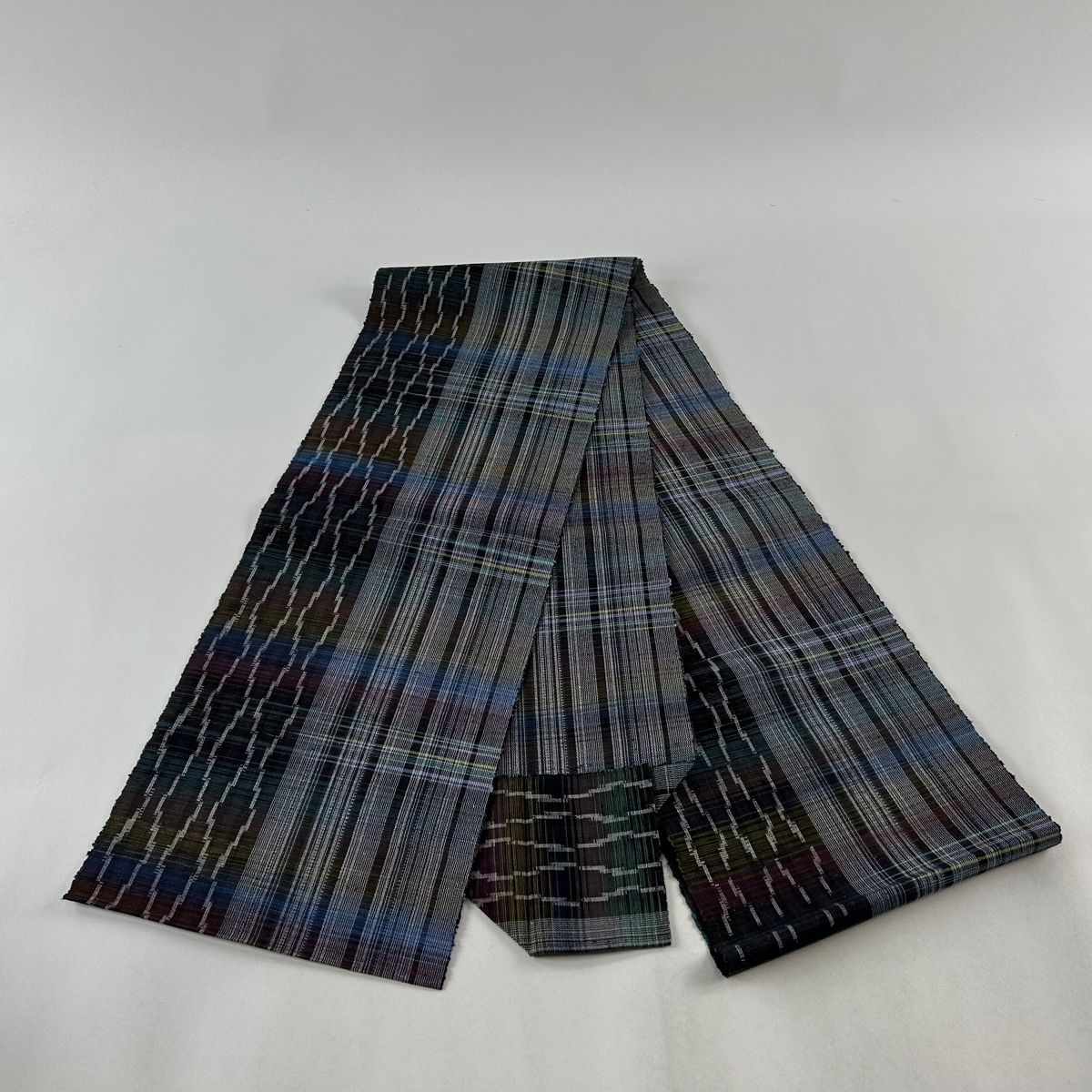 正絹八寸名古屋帯 松葉仕立て真綿紬格子墨黒✖️紫✖️藍色美品