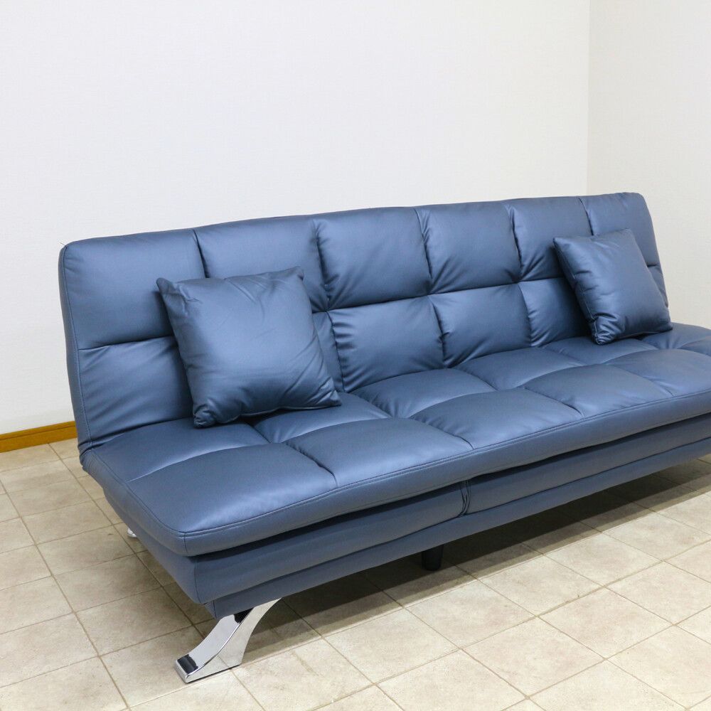 ３人掛ファブリックレザー ソファベッド ブルー 幅192cm 3WAY クッション付 リビング ソファ 幅広 ファミリー 簡易ベッド