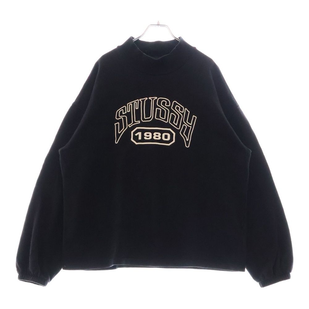 Stussy 【M】古着　ブラック　フロント刺繍ロゴ　トレーナー STUSSY】 ステューシー 花柄 刺繍 ビッグロゴ パーカー L ☆人気