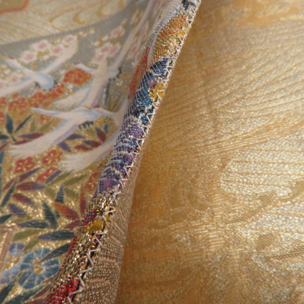 袋帯 ゴールドx多色 花鳥風月模様 金糸銀糸 六通柄 正絹 仕立て上がり