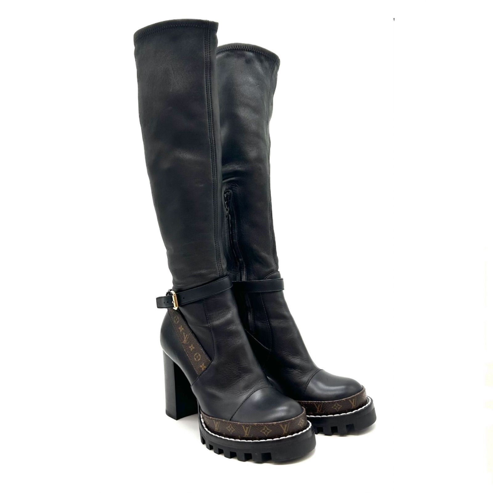 LOUIS VUITTON ルイヴィトン ロングブーツ スタートレイルライン モノグラム レザー ブラック 37ハーフ レディース 約24cm ヴィトン