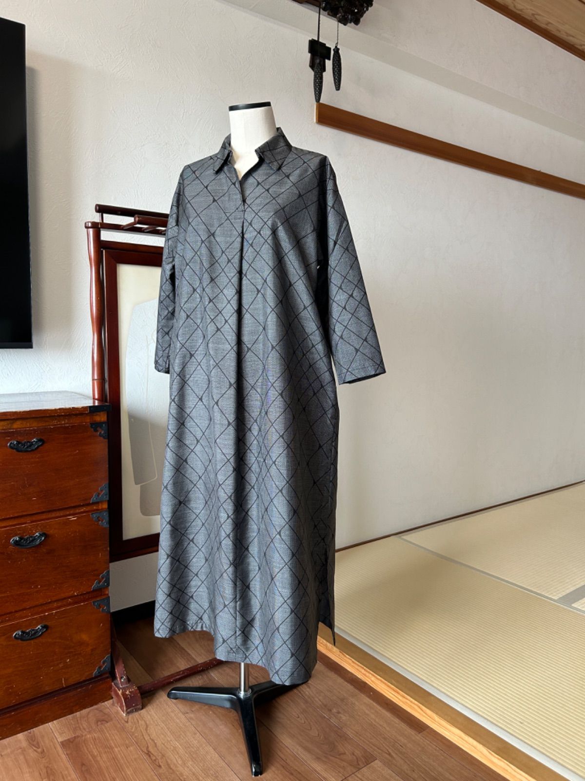 大島 着物リメイク スキッパー シャツワンピース