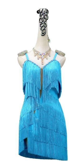 新作ラテンワンピースドレス 社交ダンス衣装 ブルー オーダーメイド