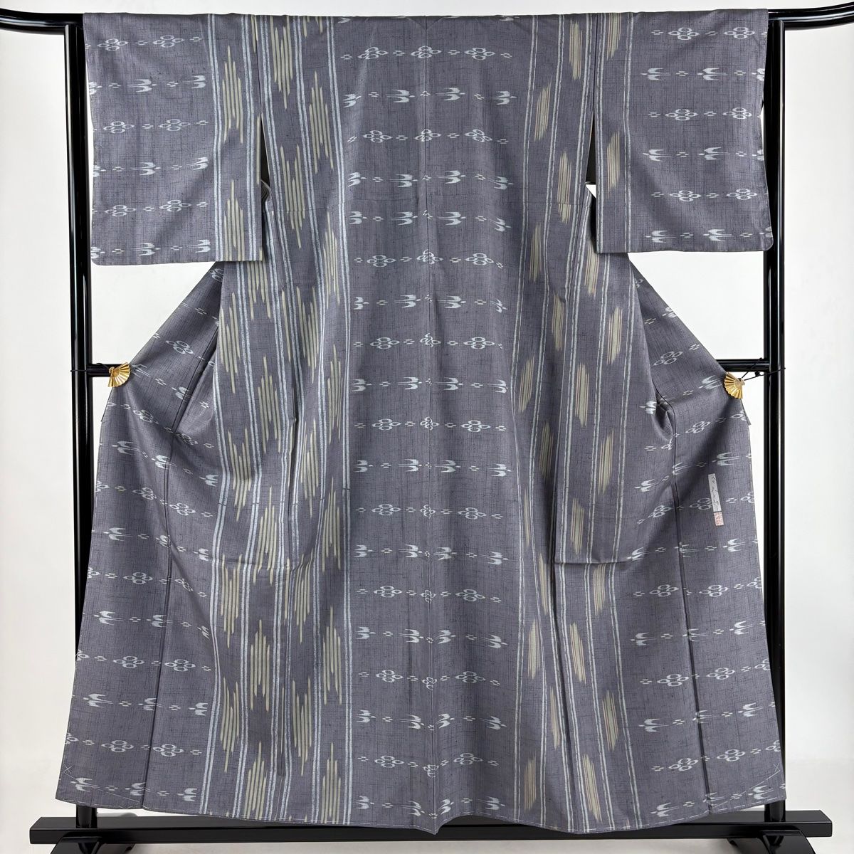 紬 身丈156.5cm 裄丈63.5cm S 袷 川村久太郎 落款 証紙 燕 縞 灰色 正絹 秀品