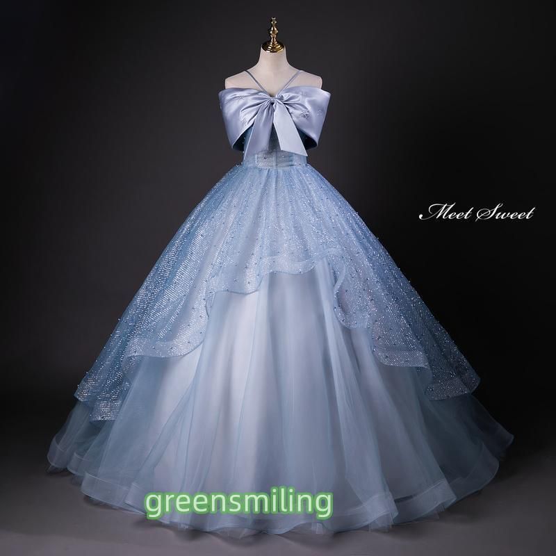ドレス プリンセスライン ロングドレス ブルー フリル リボン パール ウェディングドレス 結婚式 二次会 花嫁 前撮り 演奏会