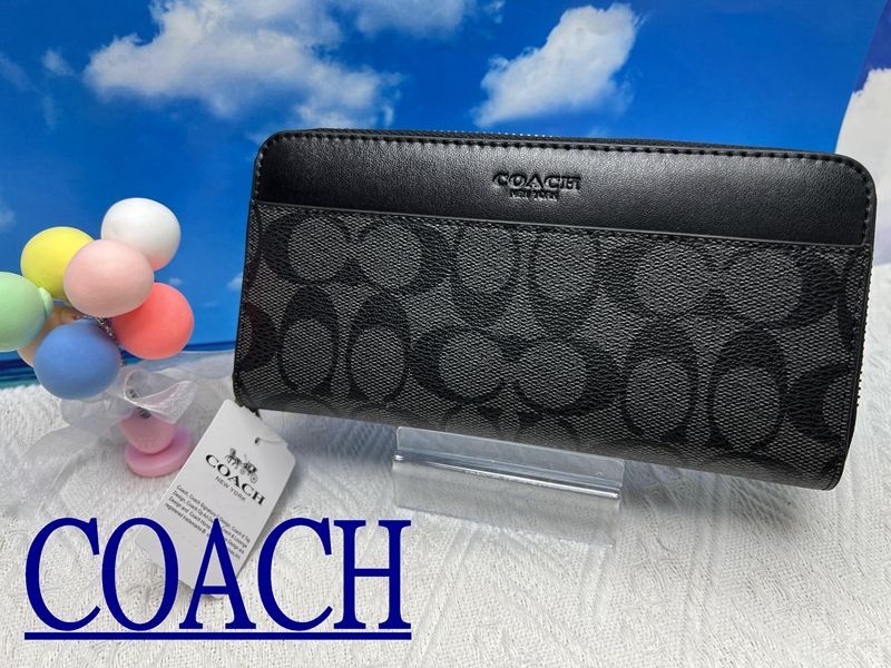 COACH 財布 コーチ 長財布 シグネチャー ラウンドファスナー チャコール ブラック メンズ 財布   バレタインディー プレゼント 贈り物 ギフト  財布 メンズ 新品 未使用 ブランド ファッションA190 F75000 31