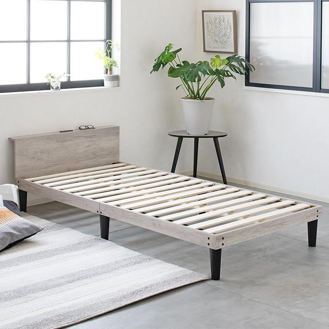 Major In Life ベッド 宮付き ベッドフレーム 宮棚付き シングルベッド 木製 すのこ ヘッドボード 2口コンセント 2段階 高さ調整 ロースタイル 耐荷重200kg グレー シングル 2段階調整