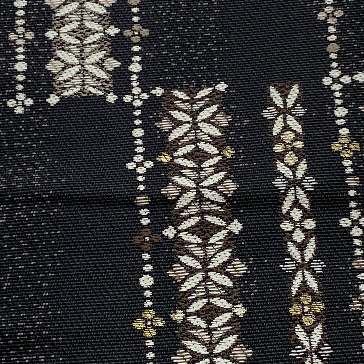 半幅帯 名品 花 縞 金銀糸 焦茶色 正絹 WWW_SMP1DAWEKUDUS_SCH_ID