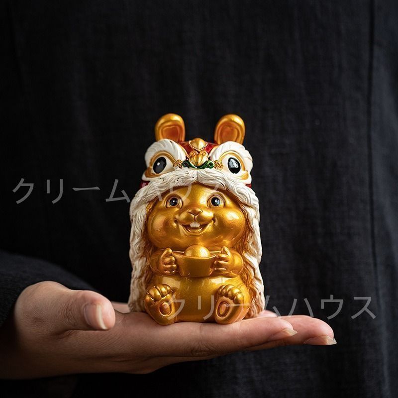 兎 うさぎ 獅子 ライオン 置物 オブジェ 干支 金色 黄金