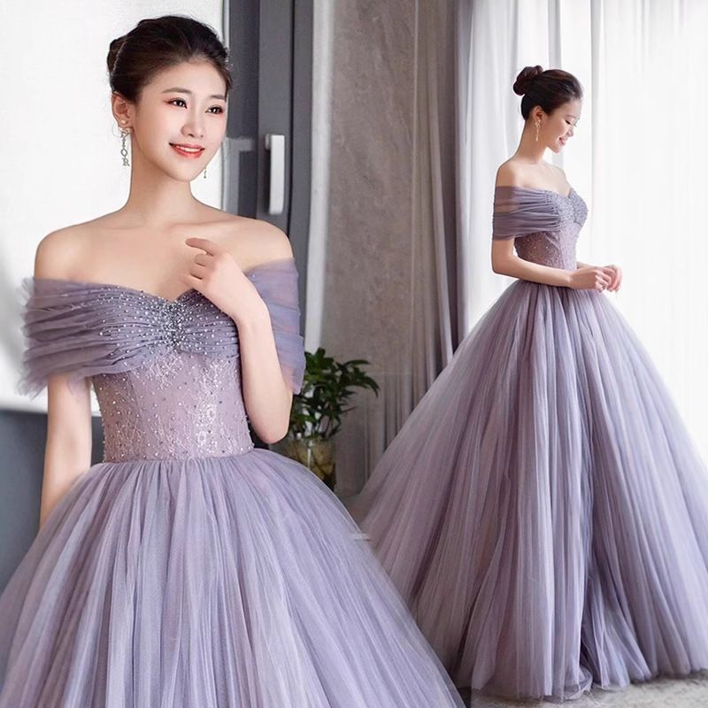 送料無料 パープル フェアリーチュールドレス 新婦用 結婚式 気品あふれる 敬酒服 宴会 ホスト用 感あふれるイブニングドレス-9.23