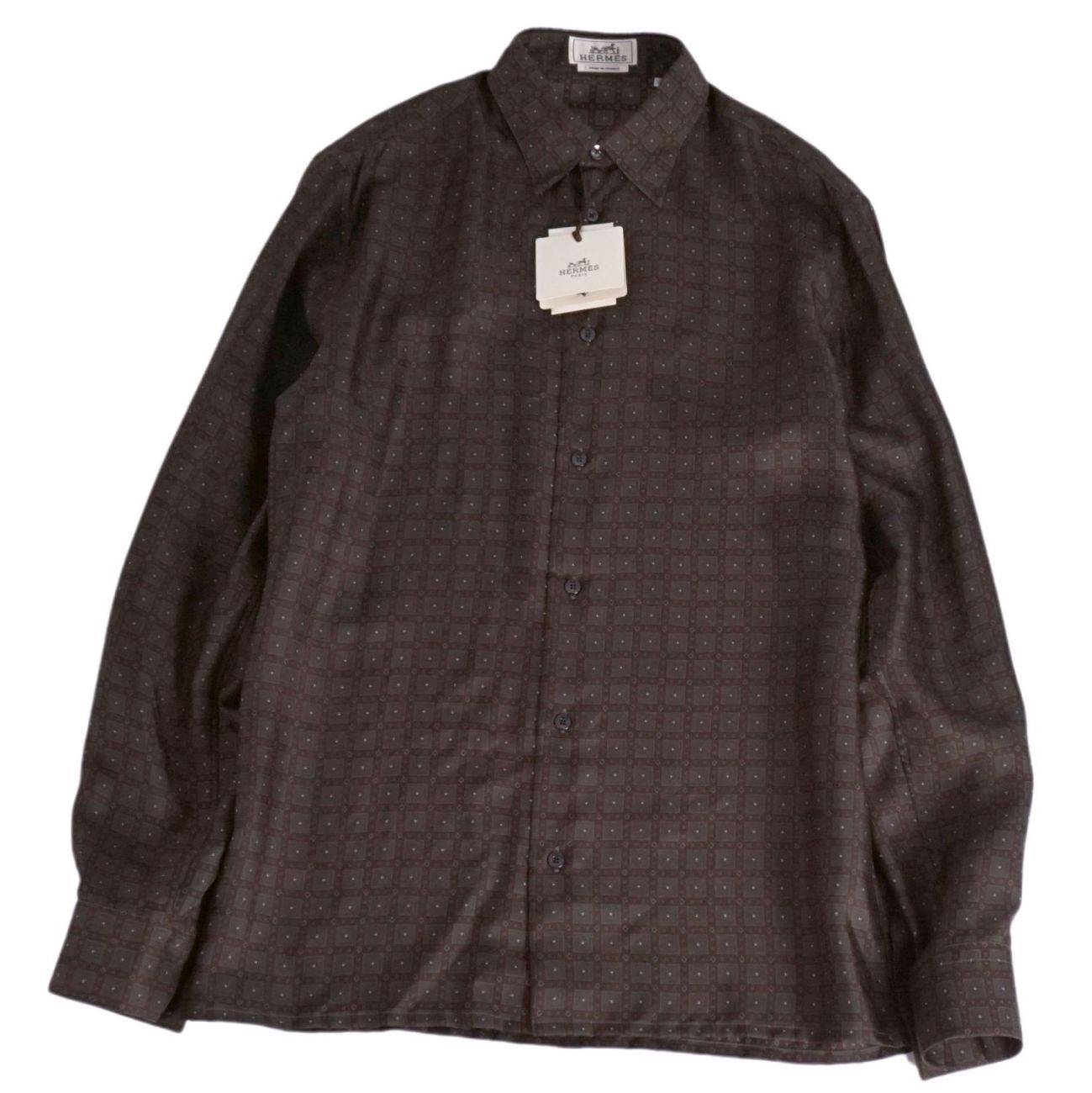未使用 エルメス HERMES シャツ ロングスリーブ 長袖 総柄 シルク トッ 