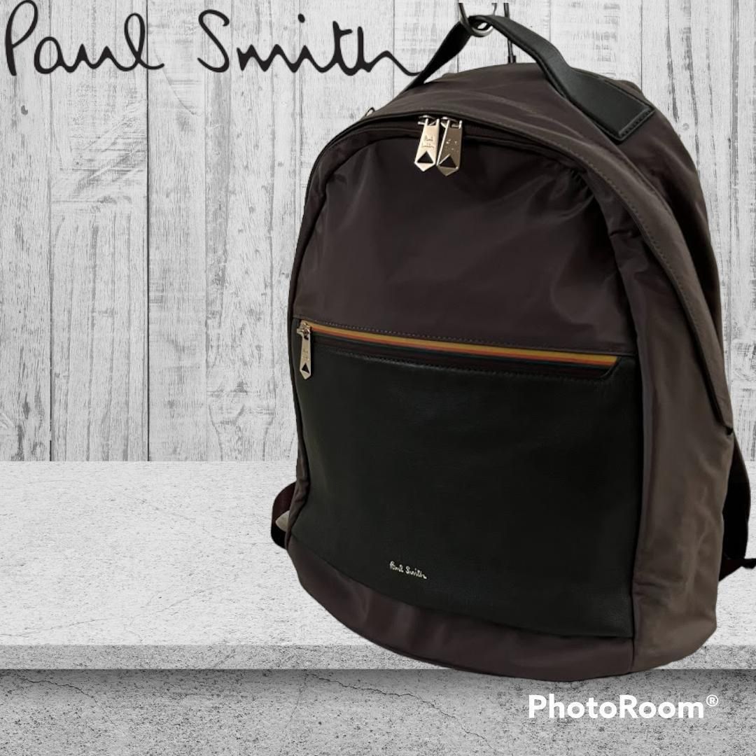 美品 Paul Smith ポールスミス リュック グレー 無地 レザー切替