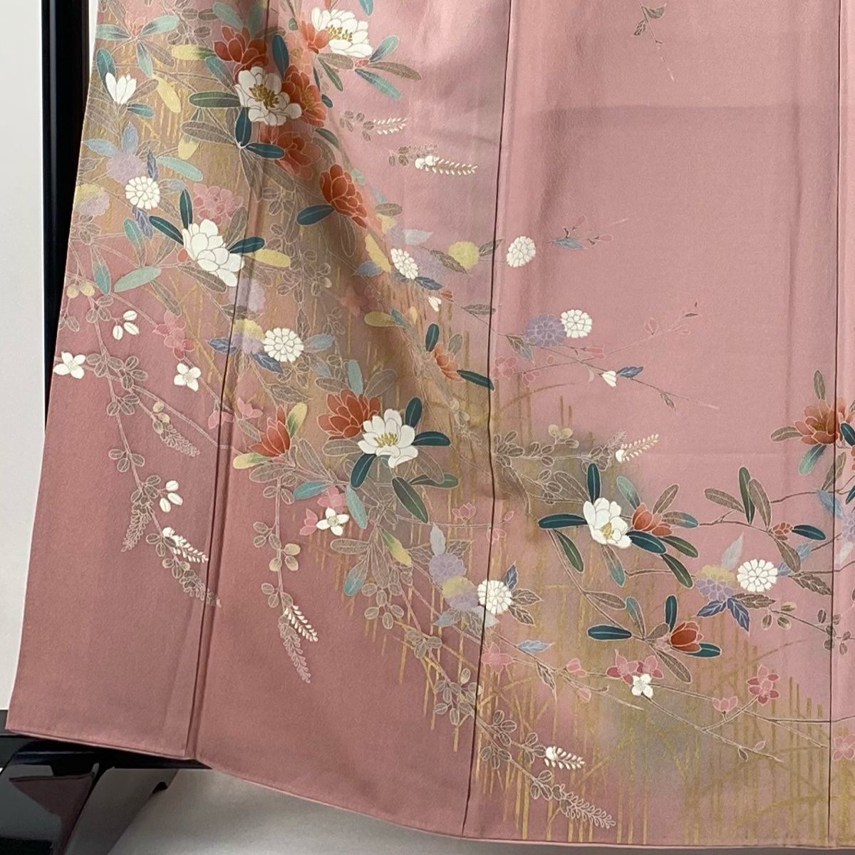 訪問着 身丈162.5cm 裄丈67cm M 袷 枝花 萩 金彩 ぼかし ピンク 正絹