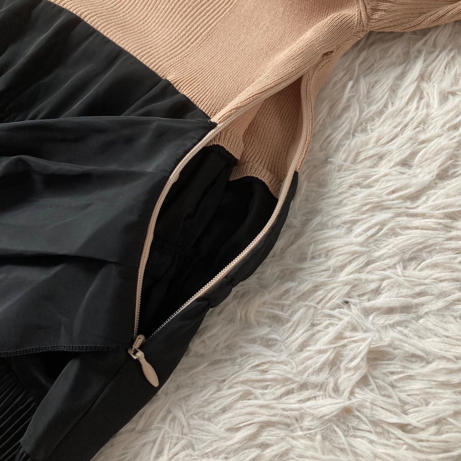 大人レディなリボン付ニットコンビプリーツワンピース