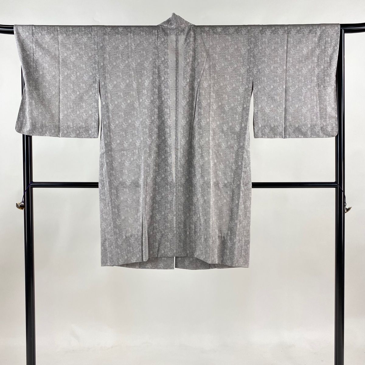 道中着 身丈99cm 裄丈68cm L 綟り紗 和装コート 落款 草花 灰色 正絹  