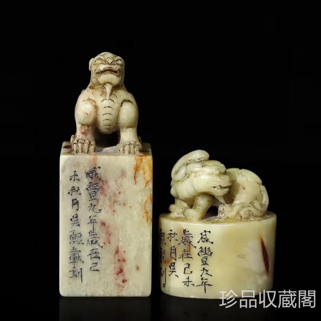 中国古美術・旧蔵寿山石瑞獣鈕の印鑑・木箱付き・手彫り・風水・書道具・文房具・置物 中国古美術・旧蔵寿山石瑞獣鈕の印鑑・木箱付き・手彫り・風水・
