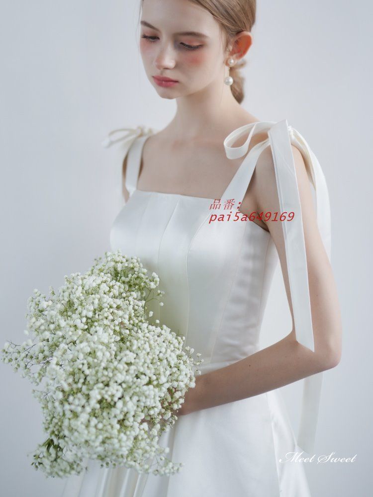 通販特価! ウェディングドレス ロングドレス 二次会 結婚式 Aラインドレス サテン 前撮り 花嫁 ブライダル ノースリーブ ウエディングドレス 白 リボン 編み上げ pai5a649169 日本の皆様に販売します！