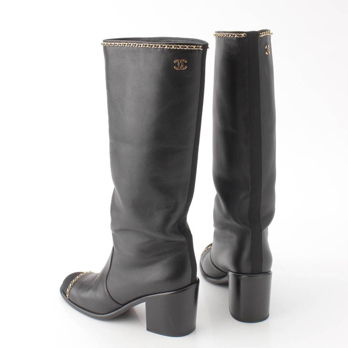 シャネル ココマーク レザー ロングブーツ シャネル】Chanel ココマーク チェーン レザー ロングブーツ G37830