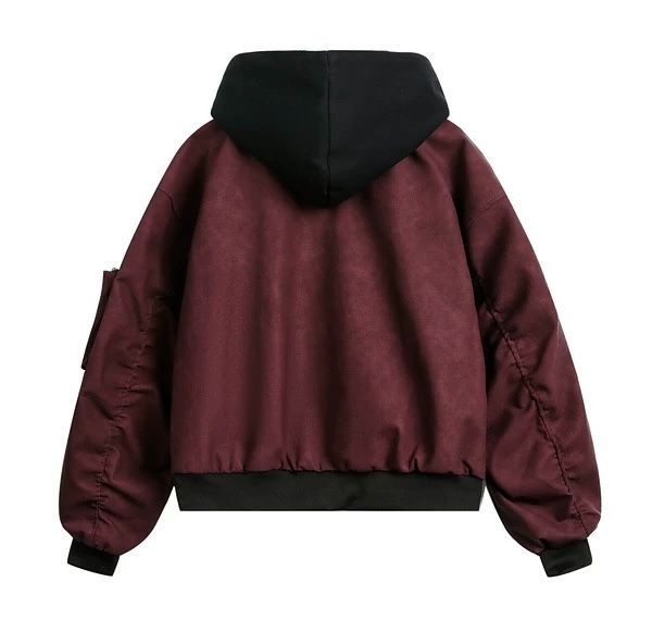 h アメリカンヴィンテージ風 ハード系ルーズ フェイクレイヤード フード付き PUレザージャケット｜ユニセックス ショート丈 カジュアル