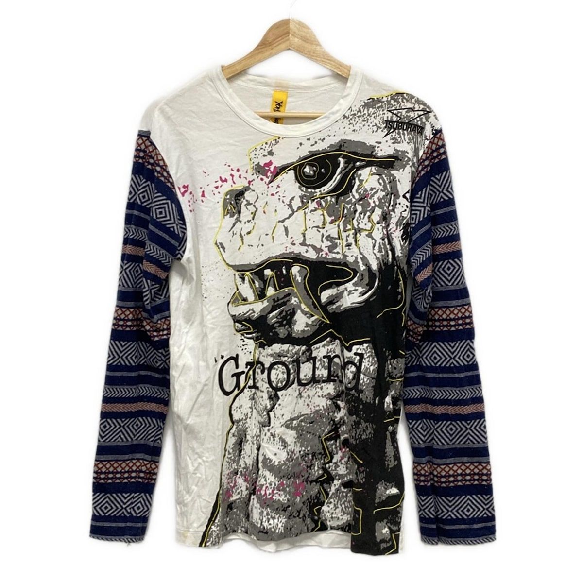Ground Y グラウンド ワイ 長袖Tシャツ サイズ3 L メンズ - 白×ネイビー×マルチ クルーネック|円谷プロ