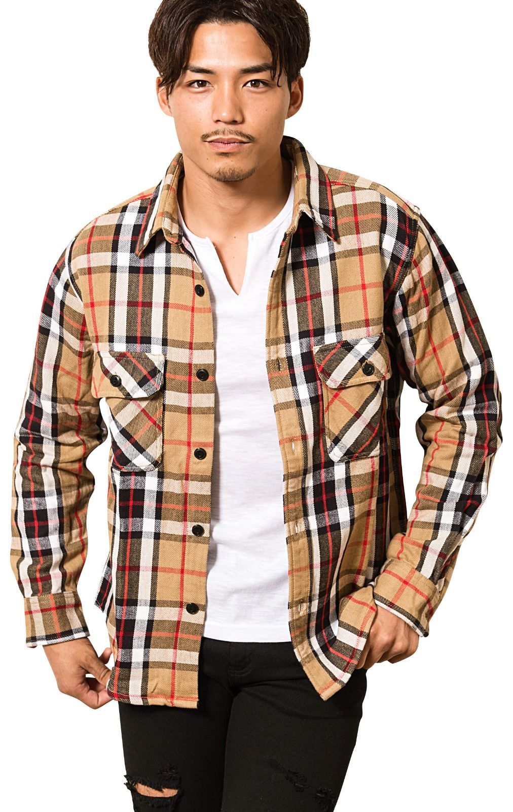 Size L_Color 8 L.BEG|ライトベージュ アルカルザ メンズ ユニセックス ネルシャツ ヘビーフランネル チェック柄 長袖 厚手 裏起毛 629-00 - L 8 L.BEG|ライトベージュ