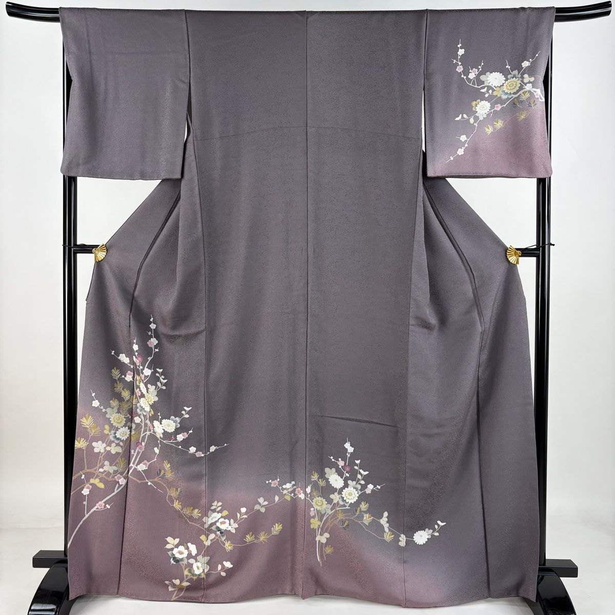 訪問着 身丈155.5cm 裄丈64.5cm M 袷 菊 枝梅 染め分け ぼかし 青灰色 正絹 秀品 一つ紋 【中古】