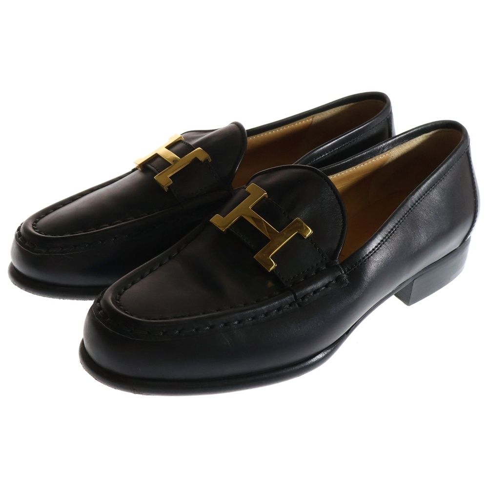 HERMES エルメス コンスタンス Hロゴプレート レザー ローカットシューズ ローファー ゴールド金具 ブラック レディース