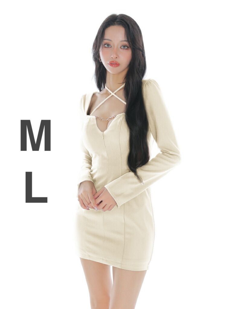 アイボリー GL3953-BR Glossy|グロッシー ROBE de FLEURS Glossy|ローブドフルール グロッシー 長袖| ホルター| バストカット| ロングスリーブ| タイト| ミニドレス| キャバドレス| ナイトドレス