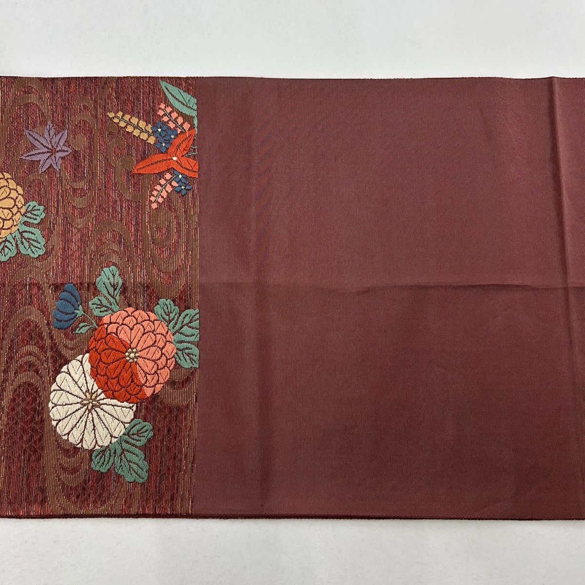 袋帯 美品 秀品 花井幸子 落款 草花 流水 唐織 箔 小豆色 六通