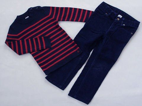 【低価，最新作】 プチバトー petit bateau アウトレット 子供服 男の子 4歳 約 100cm 長袖 ニット パンツ ロング丈 2点 紺 赤 ボーダー コーデュロイ 秋 冬 ★3 セットアップ ボーイズ 男児 キッズ 【中古】 ユーズド スーツ・ブレザー
