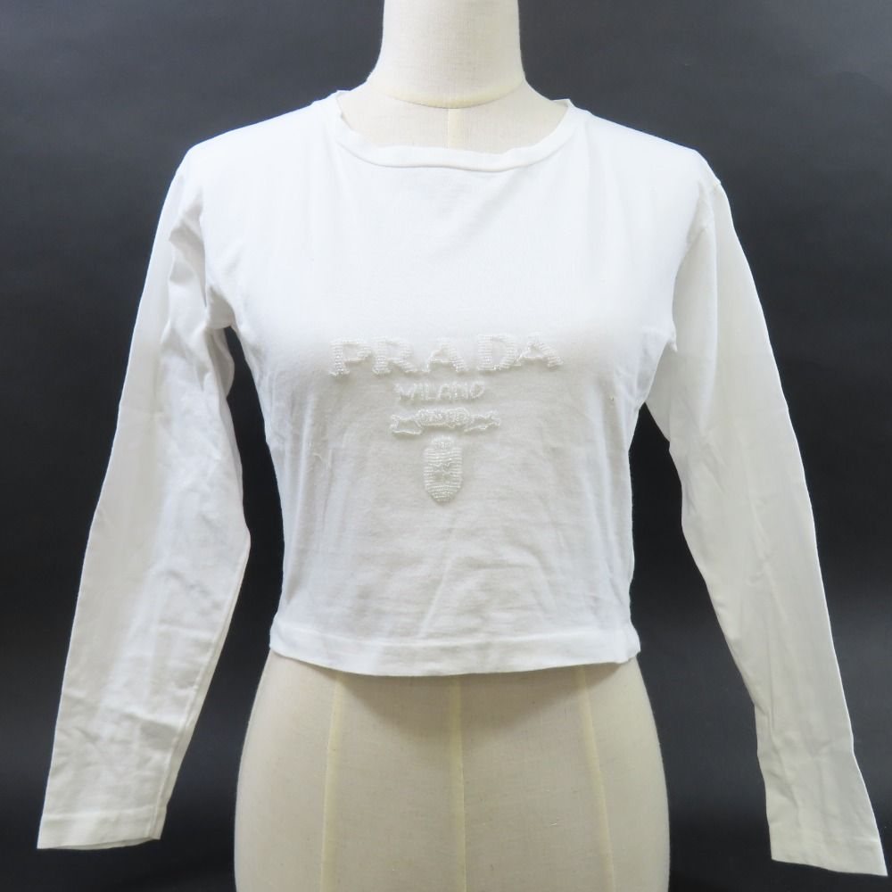 100722 PRADA プラダ ロゴ クロップド丈 サイズＬ100％コットン 長袖Ｔシャツ