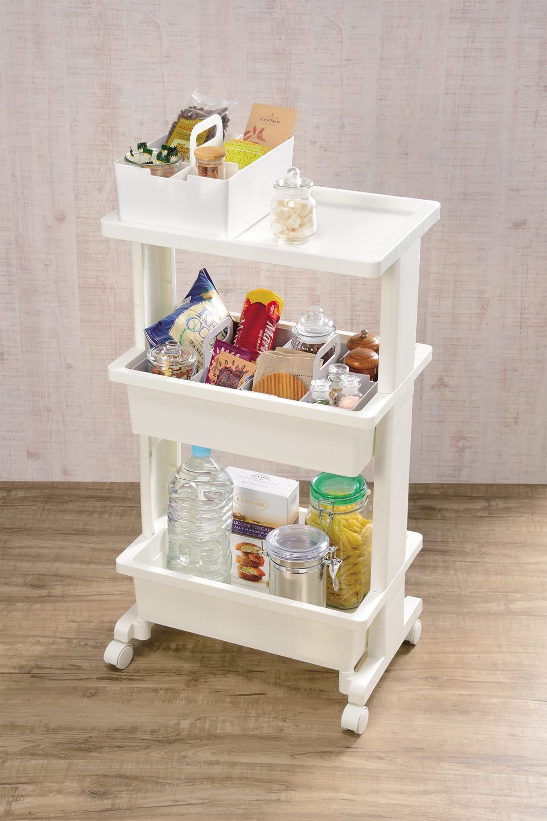 プラス 組立式 テーブルワゴン 3段 キャスター付 リセ ホワイト W45xD30xH80.5cm JEJアステージ 6個セット