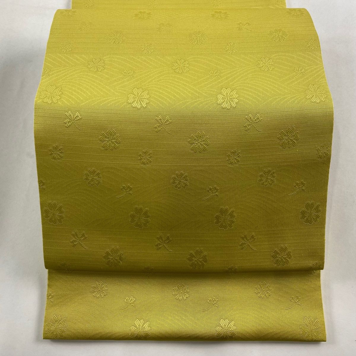 開き名古屋帯 名品 花 段縞模様 からし色 正絹