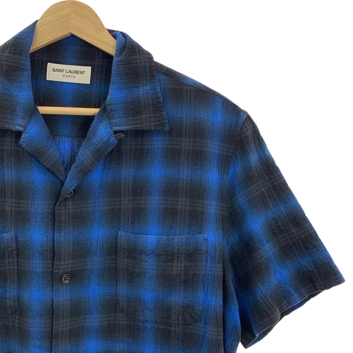 SAINT LAURENT PARIS | サンローランパリ | オンブレチェック オープンカラー 半袖シャツ | 36 |14 | ブルー | ブラック | メンズ