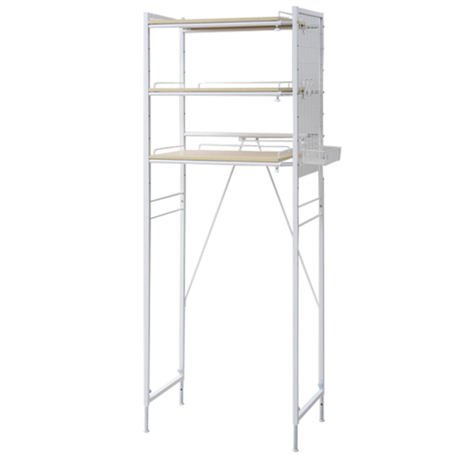 山善 YAMAZEN ランドリーラック 幅65.5-90.5×奥行40.5×高さ180-190cm ミニバスケット S字フック アジャスター ワイヤーネット付き 掛ける収納 組立品 ナチュラル|ホワイト RAL-90 NA|WH