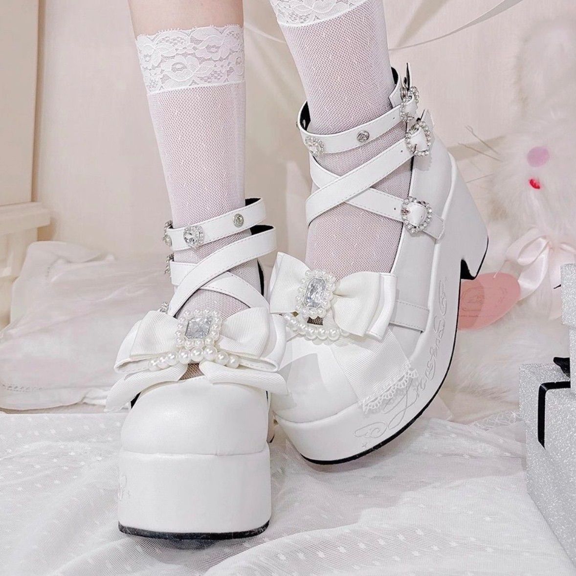 地雷系 厚底シューズ 靴 パールリボンパンプス ロリータシューズ ストラップパンプス ワンピース 厚底パンプス