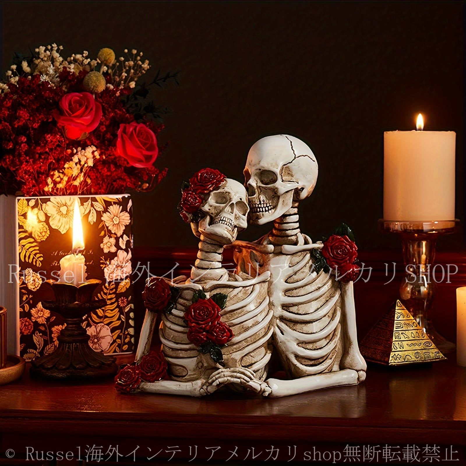 ハロウィン　骸骨　スカル　花嫁　オブジェ ローズスカルカップルオブジェ 置物 骸骨 ホワイト ハロウィン