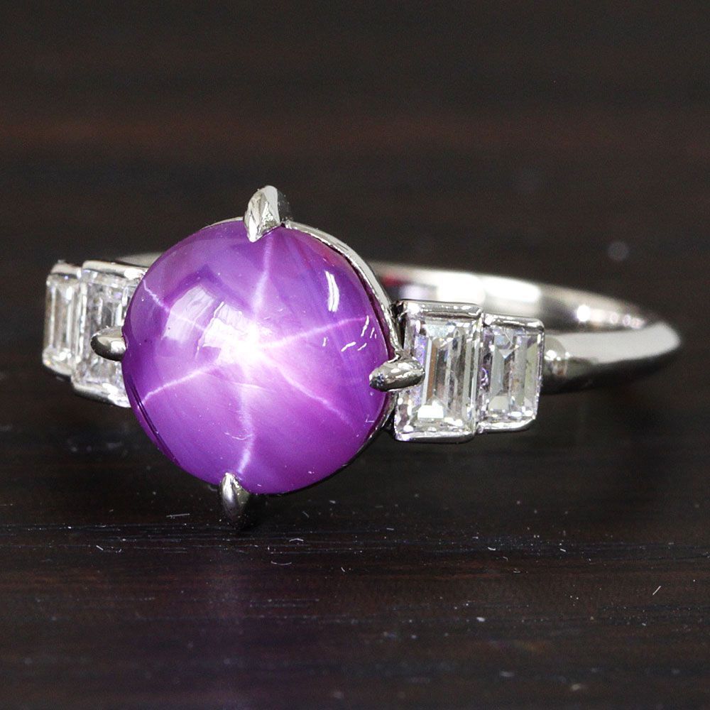 非加熱 特品！パープル スターサファイア ダイヤ プラチナ リング 鑑別
