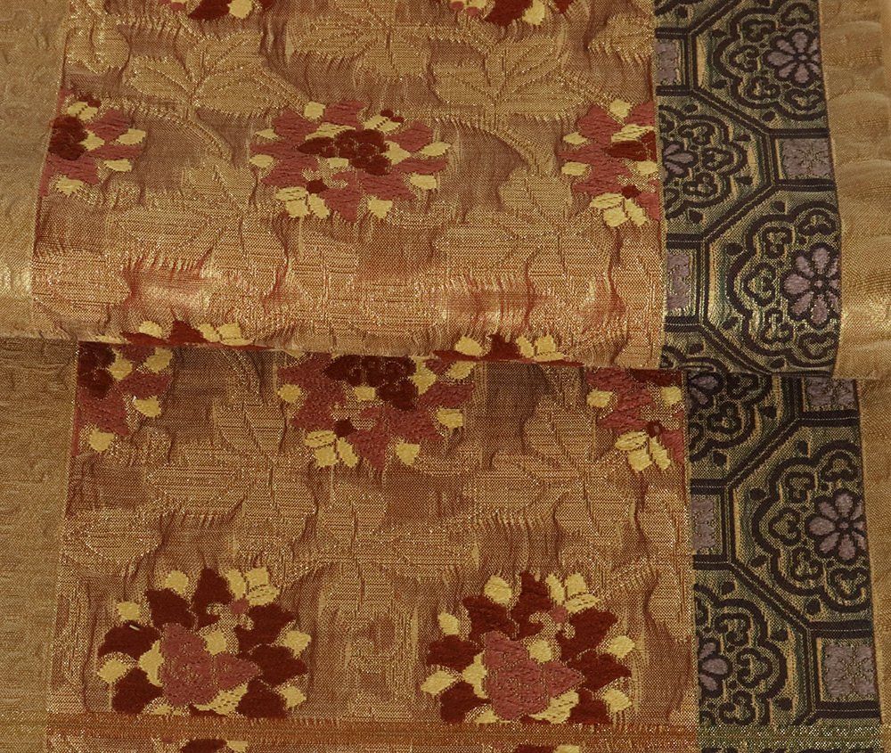 礼装用 袋帯 正絹 金茶 ピンク 赤紫 緑 紫 すくい織 正倉院文様 唐花  