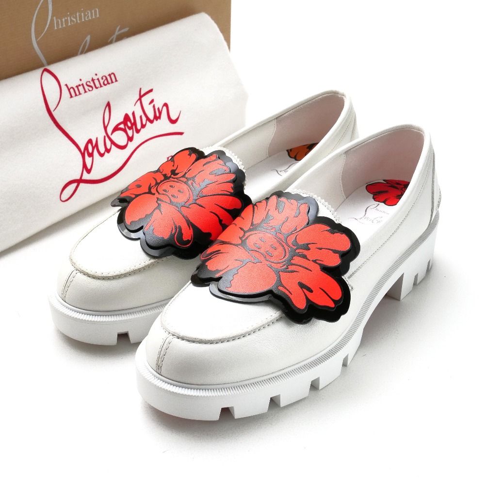 【希少モデル】 クリスチャン ルブタン ローファー 花柄 ホワイト 38 美品 □未使用品□Christian Louboutin クリスチャンルブタン ローファー