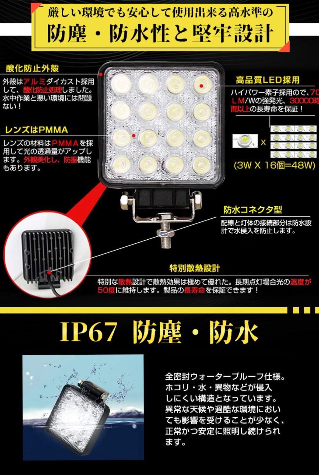 LEDワークライト 作業灯 48W 16連LED 6000k 3360LM IP67 狭角 DC12/24V