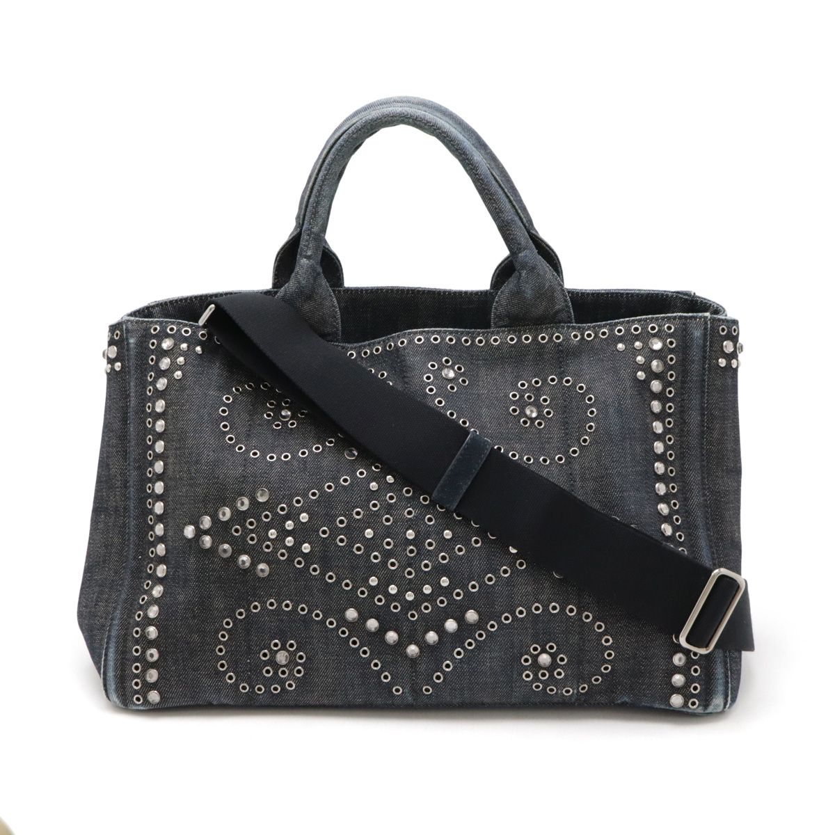 PRADA プラダ CANAPA カナパ トートバッグ 2WAY ショルダーバッグ デニム ビジュー スタッズ BLEU インディゴ ブティック 品 BN2642