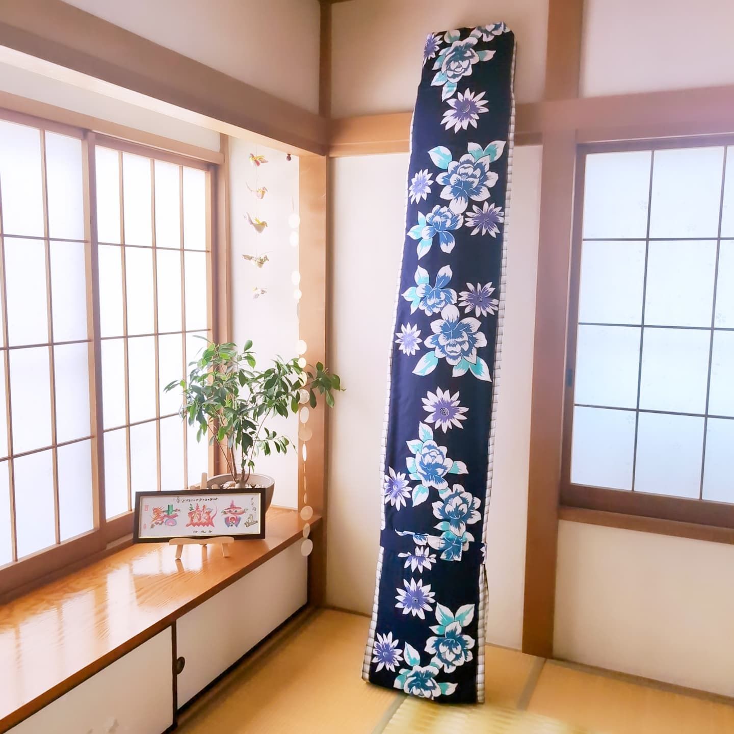 十七絃琴 箏 ゆたん 油単 カバー 紺地 花柄