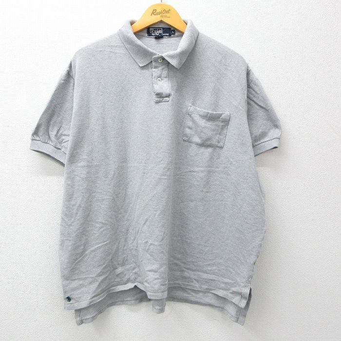 XL/古着 ラルフローレン 半袖 ブランド ポロ シャツ メンズ 90s ワンポイントロゴ 胸ポケット付き 鹿の子 大きいサイズ コットン グレー 霜
