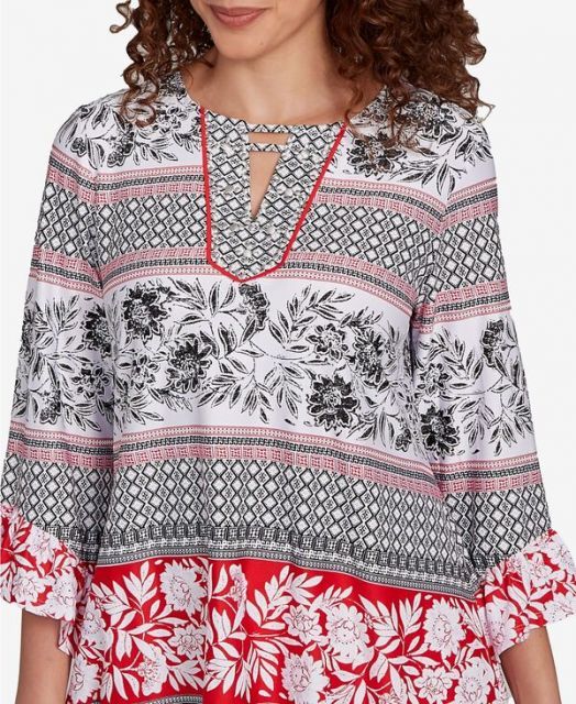 売れ筋商品|||ルビーロード カットソー トップス レディース Petite Tropical Motif Stripe Puff Print Knit Top Black Multi 送料無料】 ルビーアールディー レディース シャツ トップス