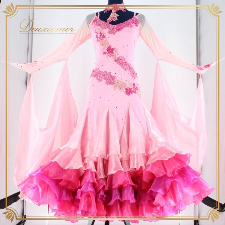 社交ダンス 衣装 ドレス ドレス ワンピース フリル フロート レース デモ 競技 ダンス パーティ ピンク系 ピンク フリルスカート おしゃれ デザイン ふんわり 軽やか 発表会 大人用 女性用 競技用衣装 ドレスアップ