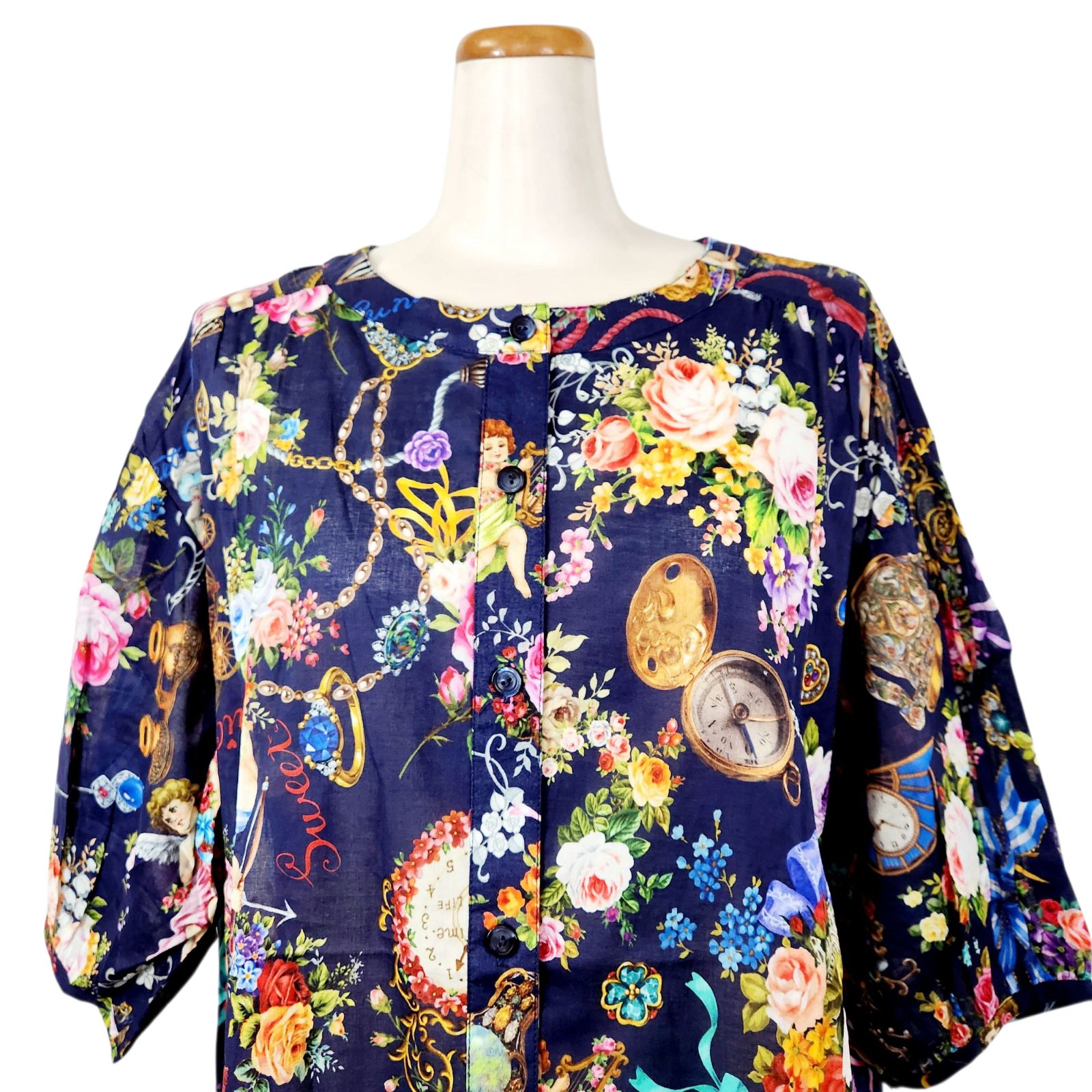 春物入荷 鴨居羊子 TUNIC ７分袖ワンピース 80綿ローンジュエリーエンジェル 濃紺色 46133