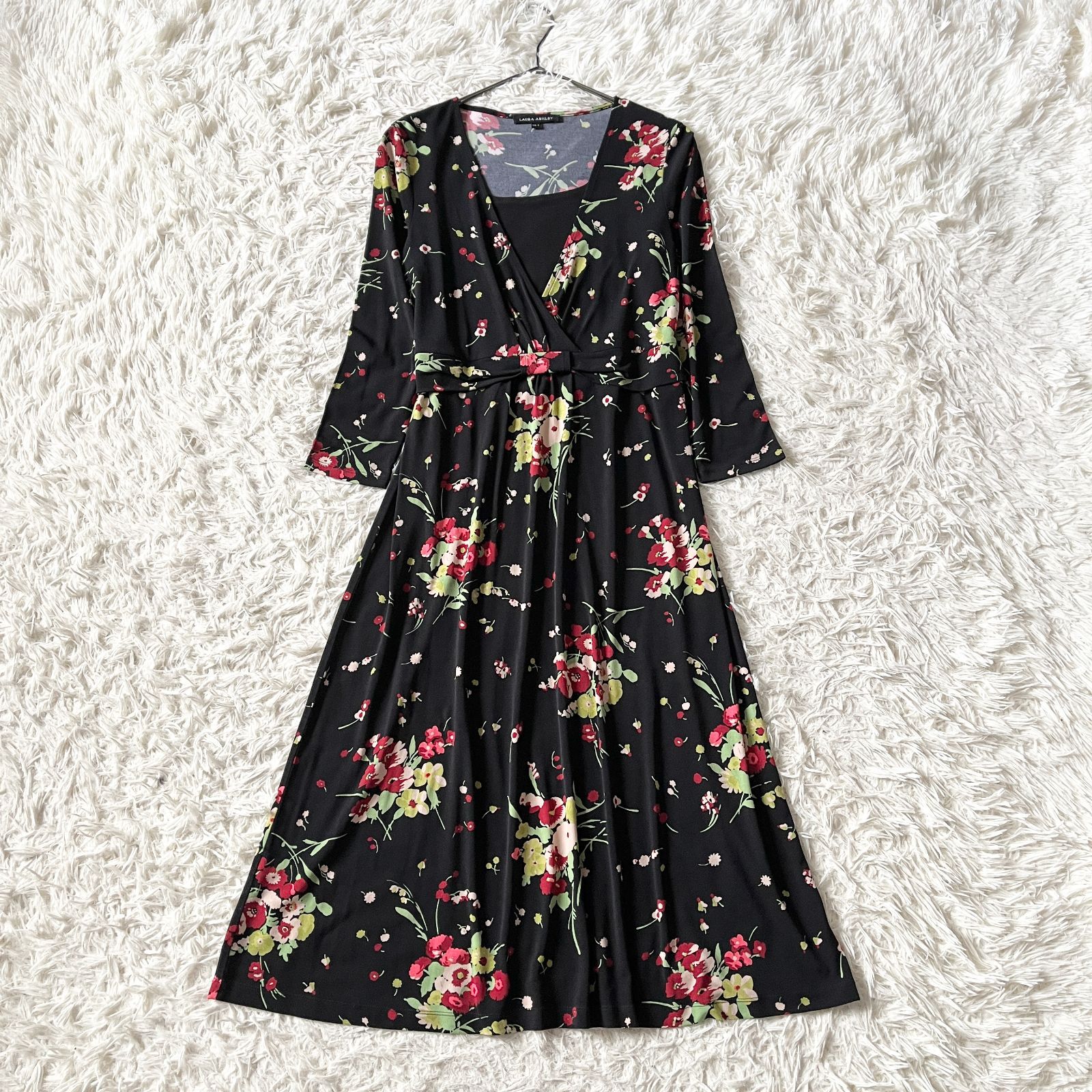 Laura Ashley ローラアシュレイ ロング丈 花柄ワンピース 黒 9号 M 